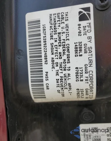 2002 Saturn Sl from USA, damaged, VIN 1G8ZF52892Z248892